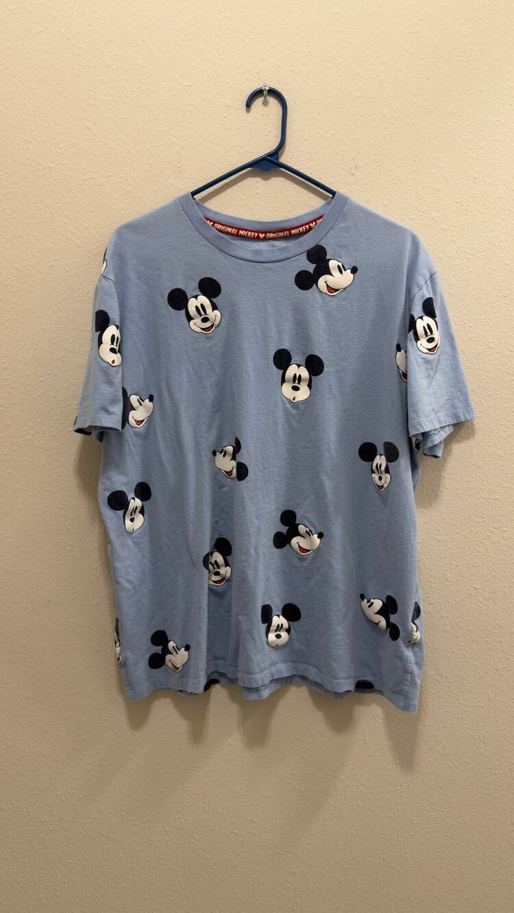 Disney Parks Mickey Mouse All-Over Print Graphic T-Shirt Light Blue Large